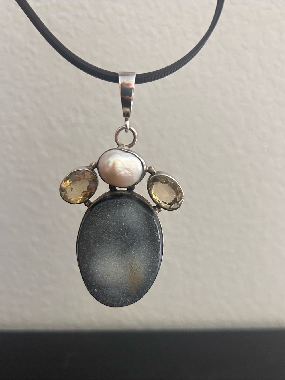 X-Large Druzy, Pearl & Yellow Quartz Sterling Silver Pendant Drusy - Gorgeous!